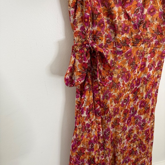 Sundance Silk Floral Wrap Midi Dress Size 10 Orange Pink V Neck Sleeveless - Picture 5 of 8
